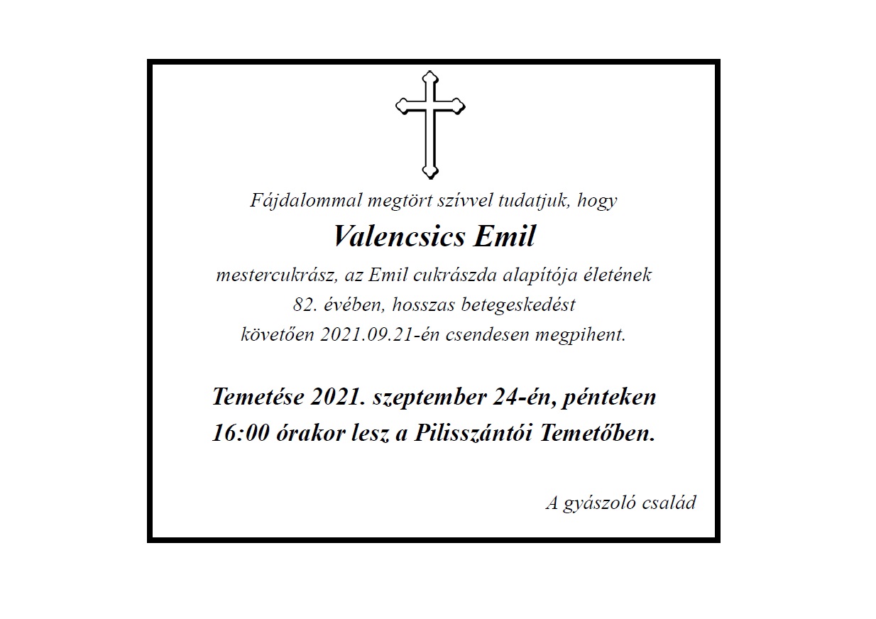 Valencsics Emil gyászjelentés